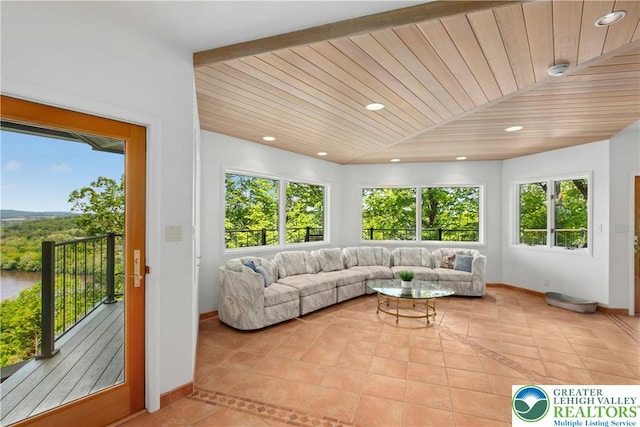 511 Center Hill Rd, Nockamixon Twp, PA 18972 - living room featuring healthy amount of natural light, light tile patterned floors, wooden ceiling, baseboards, and recessed lighting