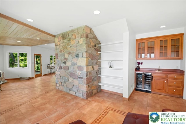 511 Center Hill Rd, Nockamixon Twp, PA 18972 - indoor wet bar with beverage cooler, baseboards, recessed lighting, and light tile patterned floors