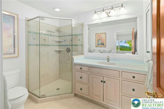 511 Center Hill Rd, Nockamixon Twp, PA 18972 - full bathroom with toilet, a stall shower, vanity, and tile patterned floors