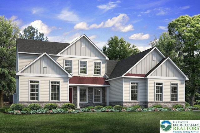 1350 Lorton Dr Unit 56, Forks Twp, PA 18040 - view of front of house featuring board and batten siding, stone siding, a front lawn, and roof with shingles