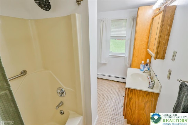 717 Frost Hollow Rd, Easton, PA 18040 - full bathroom with a baseboard radiator, vanity, bathtub / shower combination, and tile patterned floors