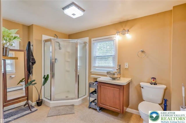 717 Frost Hollow Rd, Easton, PA 18040 - full bathroom with baseboard heating, toilet, a stall shower, and a sink