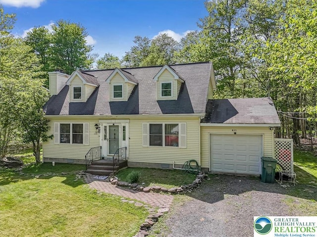 1281 Winding Way, Coolbaugh Twp, PA 18466 - cape cod home with a garage, driveway, a front lawn, and a chimney