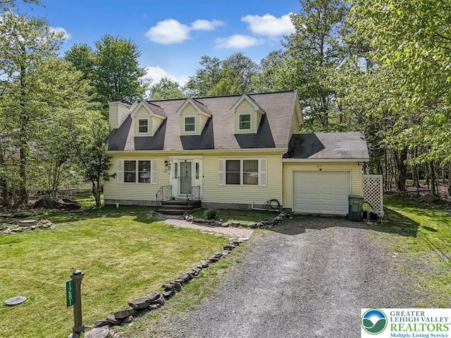 1281 Winding Way, Coolbaugh Twp, PA 18466 - cape cod home featuring a garage, gravel driveway, a front yard, and a chimney