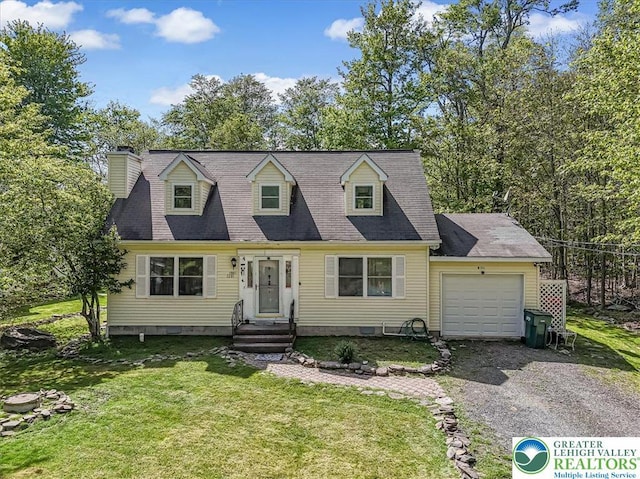 1281 Winding Way, Coolbaugh Twp, PA 18466 - cape cod house with a garage, gravel driveway, a front lawn, and a chimney