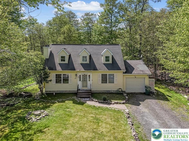 1281 Winding Way, Coolbaugh Twp, PA 18466 - cape cod home featuring a garage, a front lawn, driveway, and a chimney