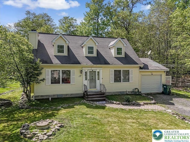 1281 Winding Way, Coolbaugh Twp, PA 18466 - new england style home with a garage, a front lawn, driveway, a chimney, and entry steps