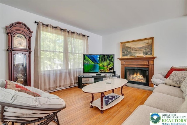 1281 Winding Way, Coolbaugh Twp, PA 18466 - living area featuring a warm lit fireplace and light wood-style flooring