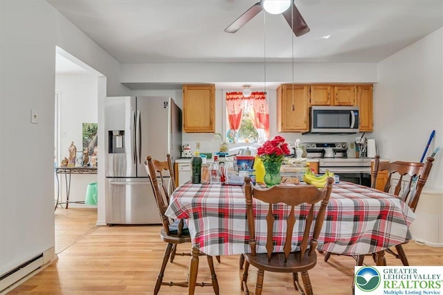 1281 Winding Way, Coolbaugh Twp, PA 18466 - dining area featuring a baseboard heating unit, ceiling fan, and light wood-style flooring