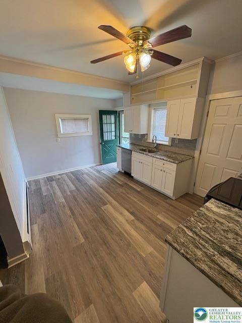 2101 Columbia Ave, Whitehall Twp, PA 18052 - kitchen featuring ceiling fan, white cabinetry, a sink, dishwasher, and wood finished floors