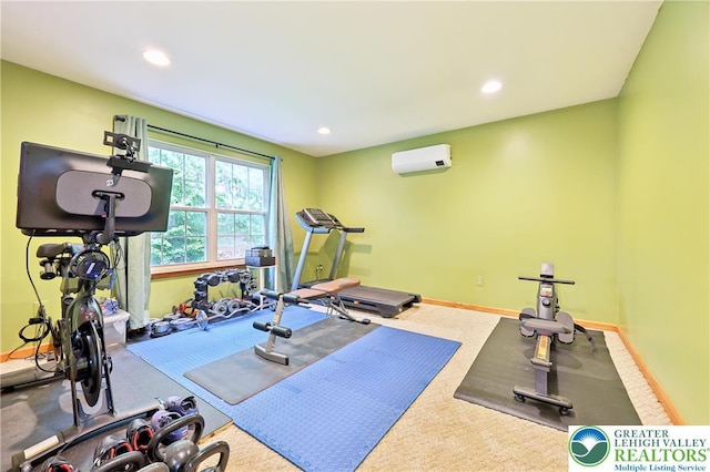 136 Outlook Ct, Middle Smithfield Twp, PA 18302 - workout room with a wall mounted AC, recessed lighting, carpet, and baseboards