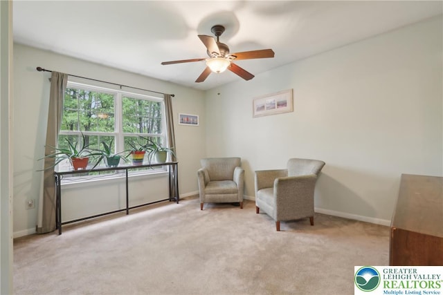 136 Outlook Ct, Middle Smithfield Twp, PA 18302 - sitting room featuring a ceiling fan, carpet floors, and baseboards