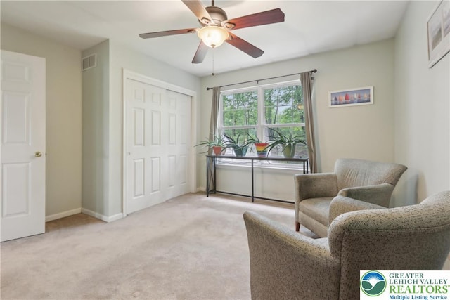 136 Outlook Ct, Middle Smithfield Twp, PA 18302 - sitting room featuring light colored carpet, a ceiling fan, and baseboards