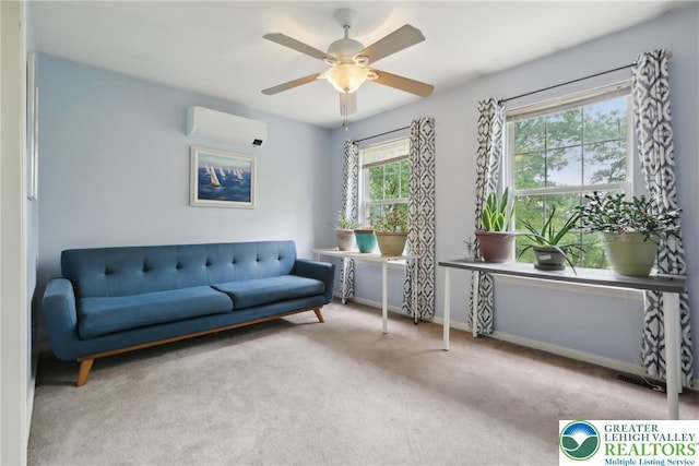 136 Outlook Ct, Middle Smithfield Twp, PA 18302 - living room featuring a wall mounted air conditioner, carpet flooring, baseboards, and a ceiling fan