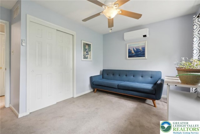 136 Outlook Ct, Middle Smithfield Twp, PA 18302 - living area featuring carpet, an AC wall unit, baseboards, and ceiling fan