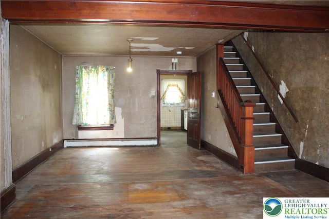 466 Franklin Ave, Palmerton Borough, PA 18071 - interior space with a baseboard radiator, stairway, hardwood / wood-style floors, and baseboards
