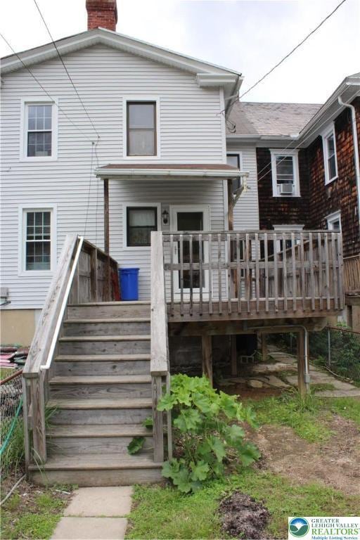 466 Franklin Ave, Palmerton Borough, PA 18071 - back of house with stairway, a chimney, and a wooden deck