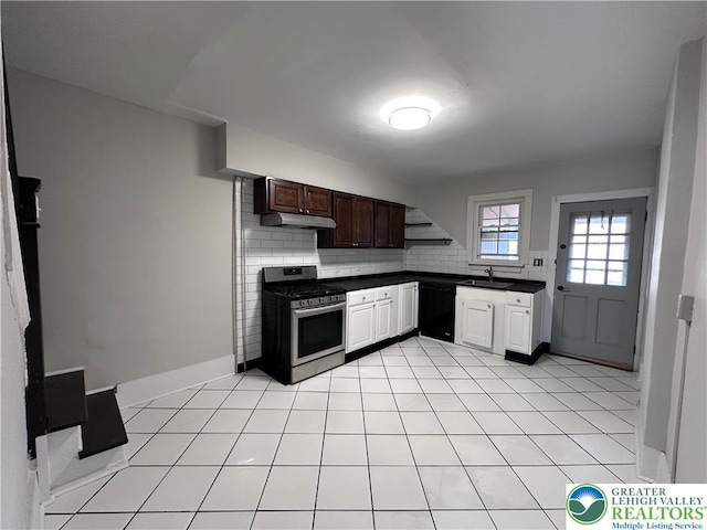 432 Schaffers Ct, Easton, PA 18042 - kitchen with stainless steel gas range, dishwasher, dark countertops, a sink, and tasteful backsplash