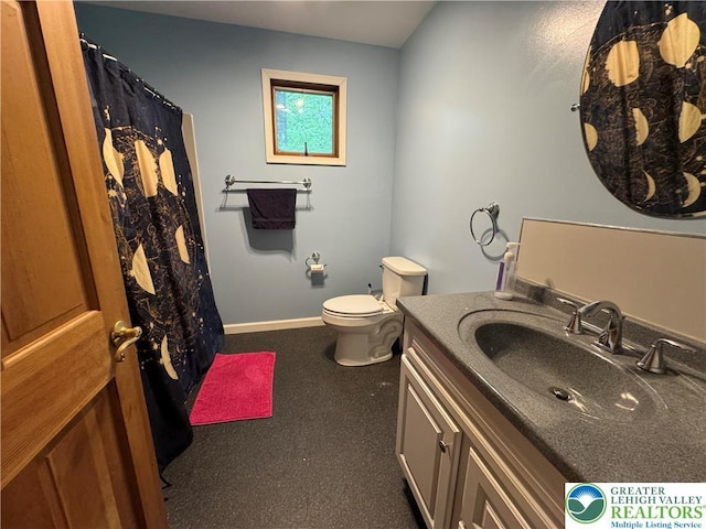 462 Plane St, Weatherly Boro, PA 18255 - bathroom featuring toilet, vanity, baseboards, and curtained shower