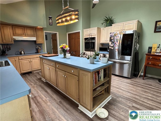 462 Plane St, Weatherly Boro, PA 18255 - kitchen with appliances with stainless steel finishes, high vaulted ceiling, wood finished floors, a kitchen island, and open shelves