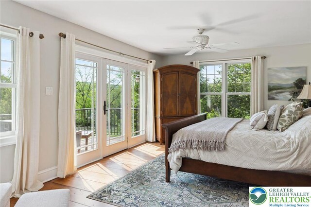 2965 Adams Way, Springfield Twp, PA 18077 - bedroom featuring access to exterior, ceiling fan, baseboards, and light wood finished floors