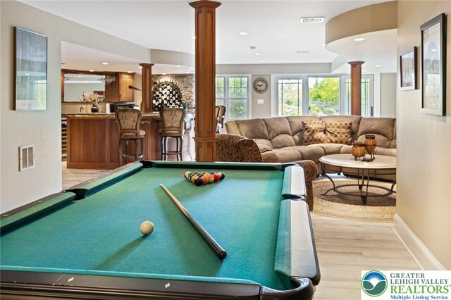 2965 Adams Way, Springfield Twp, PA 18077 - game room with decorative columns, wood finished floors, billiards, baseboards, and recessed lighting