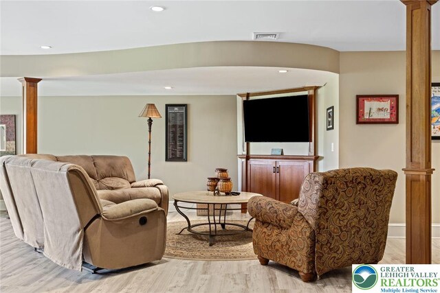 2965 Adams Way, Springfield Twp, PA 18077 - living area featuring ornate columns, light wood-style floors, and recessed lighting