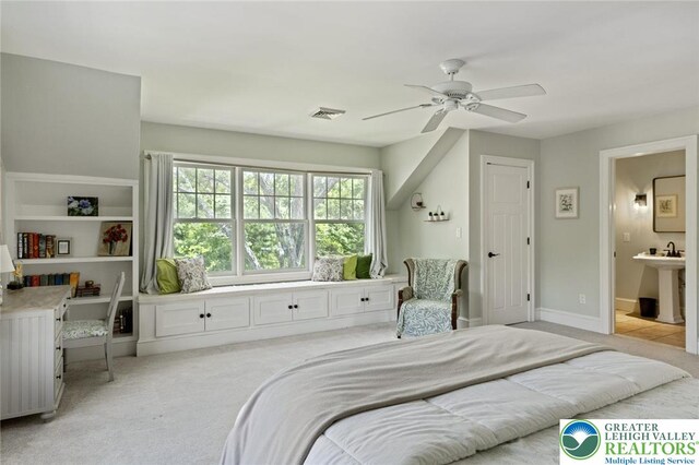 2965 Adams Way, Springfield Twp, PA 18077 - bedroom featuring light colored carpet, a sink, ensuite bath, and ceiling fan