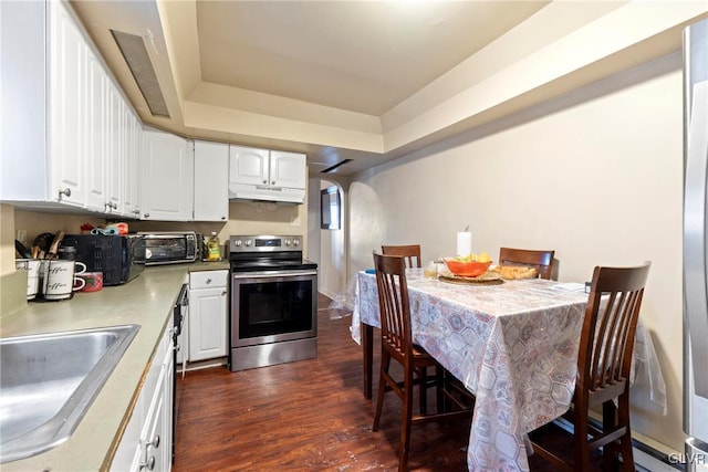 521 S Bradford St, Allentown City, PA 18109 - kitchen featuring electric stove, under cabinet range hood, dark wood-style floors, a sink, and white cabinetry