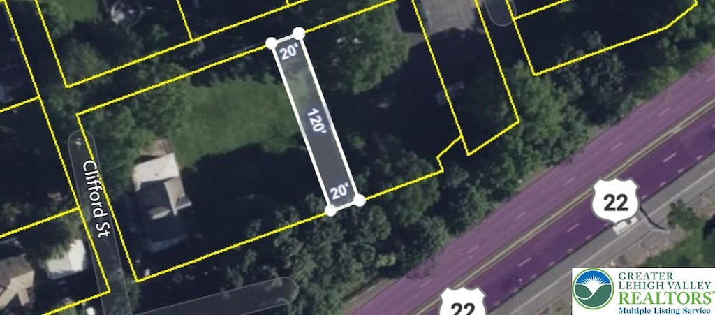 1825 W Columbia St, South Whitehall Twp, PA 18104 - aerial map of property and surrounding area featuring property boundaries highlighted