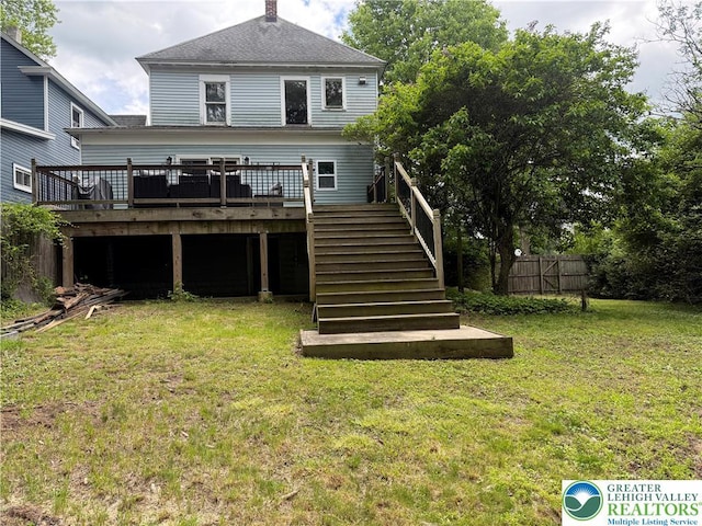 204 Analomink St, East Stroudsburg, PA 18301 - back of house featuring a wooden deck, stairs, a chimney, and a shingled roof