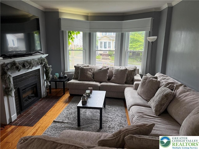 204 Analomink St, East Stroudsburg, PA 18301 - living room with crown molding, a fireplace with flush hearth, and wood-type flooring