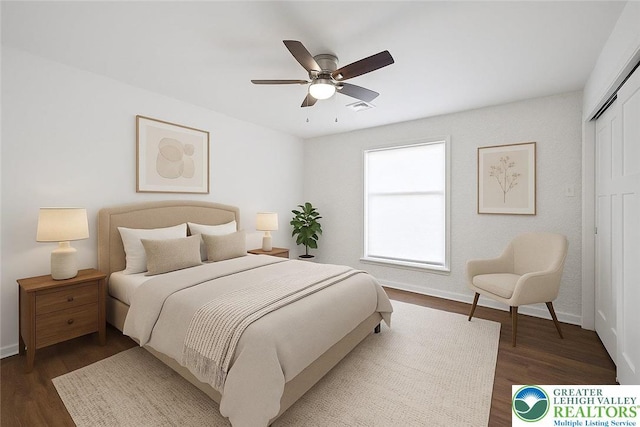 711 E Center St, Nesquehoning Borough, PA 18240 - bedroom featuring dark wood-style floors, baseboards, a closet, and a ceiling fan
