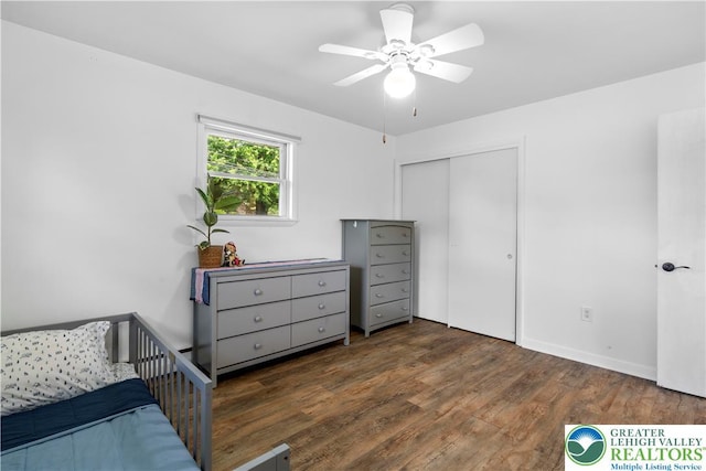 929 Webster Ave, Allentown City, PA 18103 - bedroom featuring wood finished floors, a closet, baseboards, and ceiling fan
