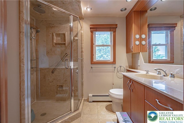 1131 28th St, Allentown City, PA 18104 - bathroom with baseboard heating, toilet, vanity, a shower stall, and recessed lighting