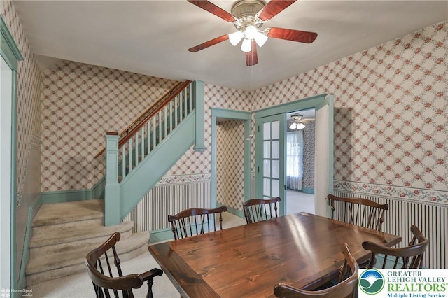 171 N New St, Nazareth Borough, PA 18064 - dining area featuring wallpapered walls, a ceiling fan, and stairway