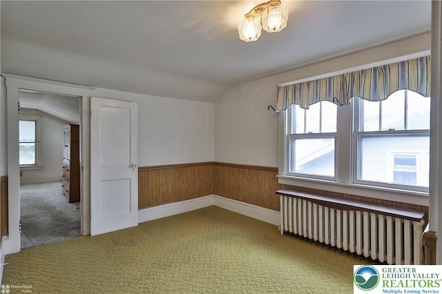 171 N New St, Nazareth Borough, PA 18064 - carpeted empty room with radiator heating unit, vaulted ceiling, wainscoting, and wooden walls