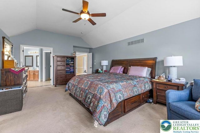 140 Birdie Way, Eldred Twp, PA 18058 - bedroom featuring lofted ceiling, light carpet, ensuite bathroom, and ceiling fan