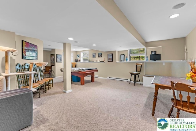 140 Birdie Way, Eldred Twp, PA 18058 - playroom featuring carpet floors, baseboards, recessed lighting, and a baseboard radiator