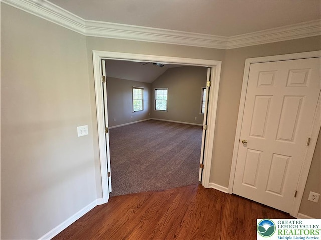4620 Graystone Dr, Lower Nazareth Twp, PA 18064 - corridor with vaulted ceiling, ornamental molding, and dark wood-type flooring
