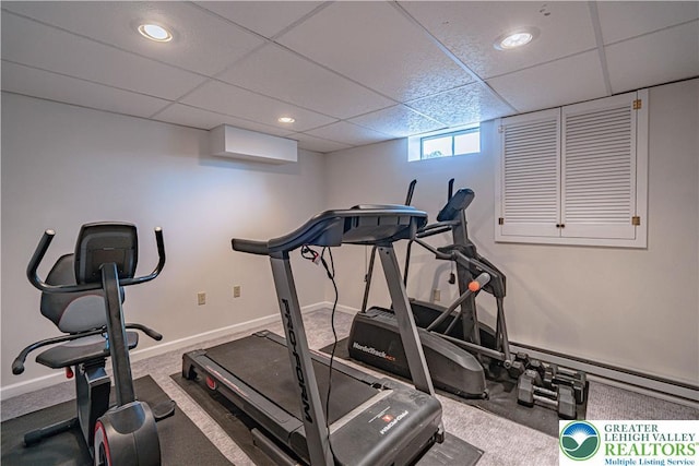 3624 Mcintosh Dr, North Whitehall Twp, PA 18069 - exercise area with a paneled ceiling, baseboards, a baseboard radiator, carpet, and recessed lighting