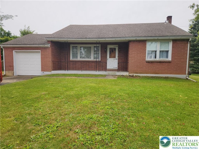 3344 Allen St, Palmer Twp, PA 18045 - ranch-style house featuring an attached garage, covered porch, a front yard, brick siding, and a chimney