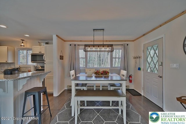 36 Maplewood Rd, Kidder Township S, PA 18624 - dining room featuring dark wood-style flooring, baseboards, a baseboard heating unit, and recessed lighting