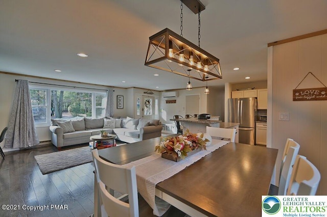 36 Maplewood Rd, Kidder Township S, PA 18624 - dining space featuring a wall mounted air conditioner, dark wood-type flooring, and recessed lighting