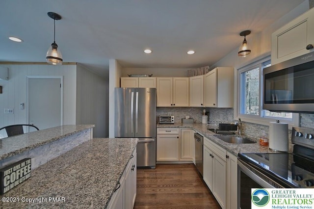 36 Maplewood Rd, Kidder Township S, PA 18624 - kitchen featuring stainless steel appliances, a sink, dark wood finished floors, light stone counters, and recessed lighting