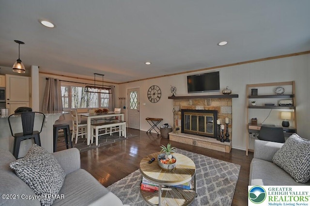 36 Maplewood Rd, Kidder Township S, PA 18624 - living room with ornamental molding, dark wood-style flooring, recessed lighting, and a stone fireplace