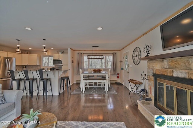 36 Maplewood Rd, Kidder Township S, PA 18624 - living area with dark wood-style flooring, recessed lighting, baseboards, and a fireplace