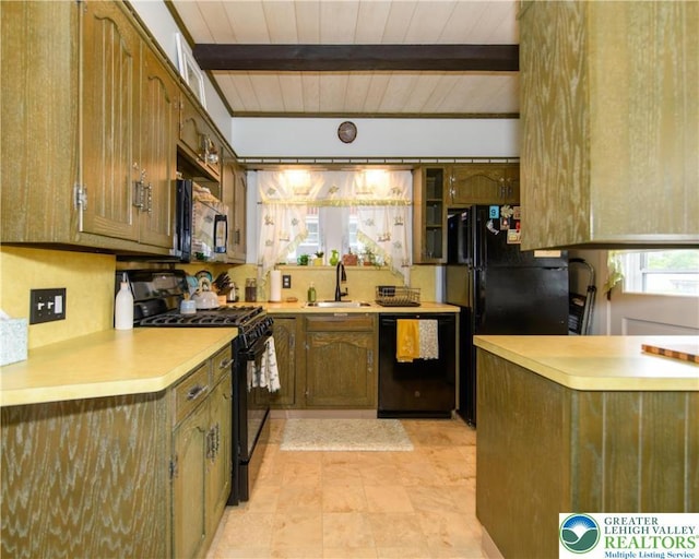 1241 Lehigh St, Allentown City, PA 18103 - kitchen featuring black appliances, a sink, light countertops, wooden ceiling with exposed beams, and brown cabinets