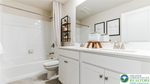 311 Knollwood Dr, Forks Twp, PA 18040 - bathroom with double vanity, toilet, shower / tub combination, and tile patterned flooring