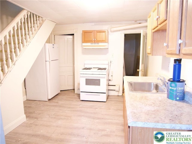 337 N Jordan St, Allentown City, PA 18102 - kitchen with white appliances, a sink, under cabinet range hood, light wood-style floors, and a baseboard heating unit